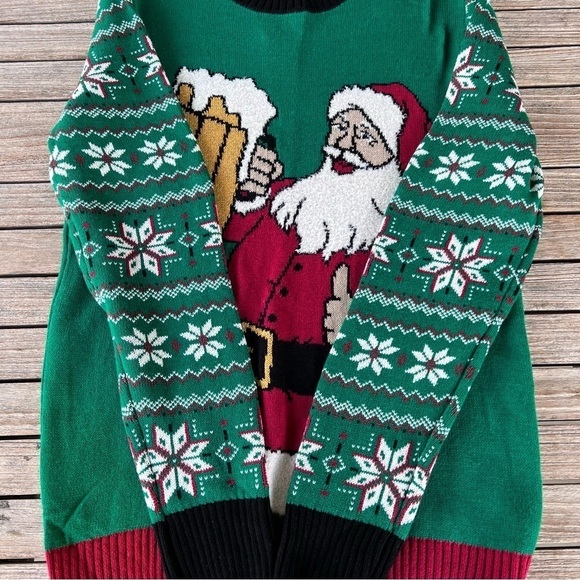 Santa Thumbs Up Cheers Beer Ugly Christmas Sweater Fair Isle Long Sleeve Med NWT - Picture 5 of 8